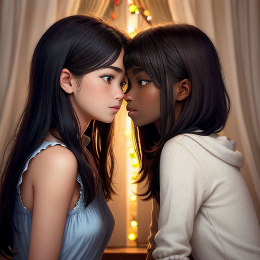 two women are standing next to each other in front of a window with lights on it and one is touching the other's cheek