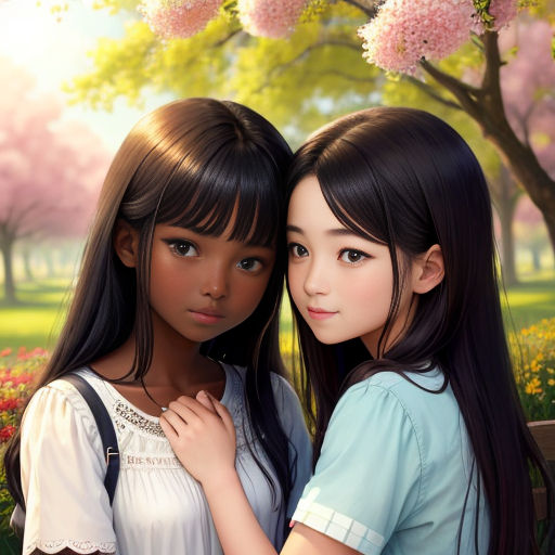 two young girls standing next to each other in a park with cherry blossom trees in the background and a bench with a girl hugging her