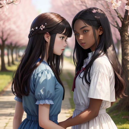 two girls standing next to each other in a park with cherry trees in the background and a path lined with pink blossoms