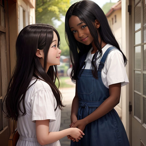 two young girls standing next to each other near a door and a window with shutters on the outside
