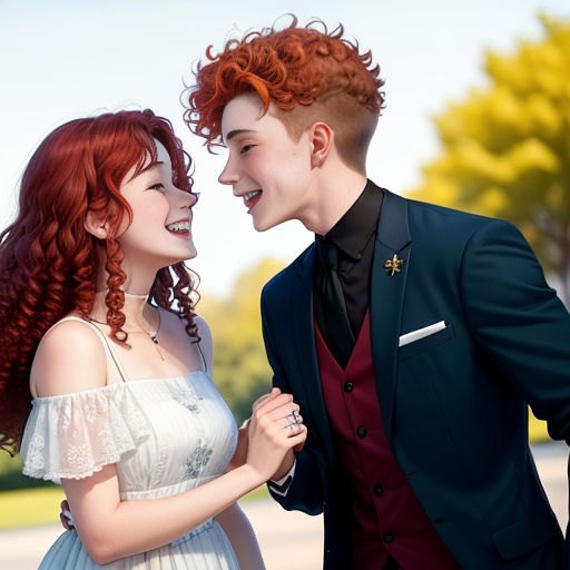 a man and a woman are dressed up in formal clothing and smiling at each other while standing outside in a park