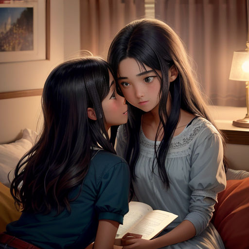 two girls are sitting on a bed and kissing each other with a book in their hands and a lamp on the side