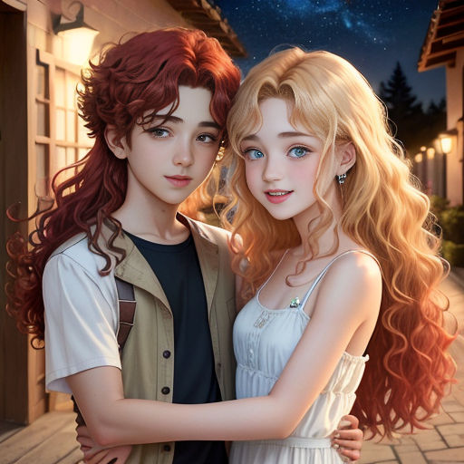a couple of people standing next to each other on a street at night with stars in the sky above