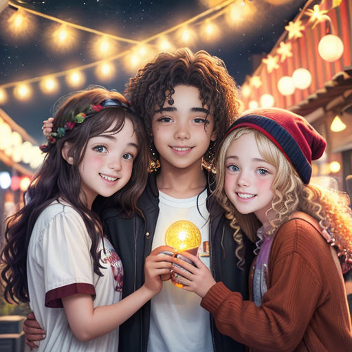 three young girls are standing together in front of a building with lights on it and a string of lights