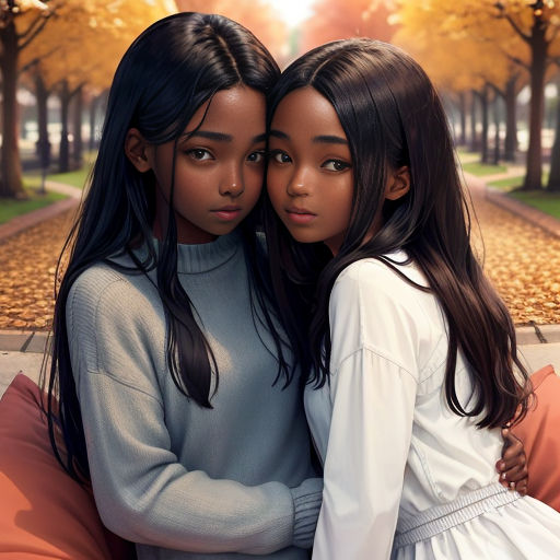 two girls sitting on a bench in a park with trees in the background and a yellow sky in the background