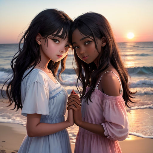 two girls standing on a beach next to the ocean at sunset with the sun setting behind them and the ocean in the background