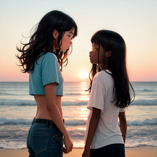 two girls standing on a beach facing each other and the sun setting in the background behind them, with the ocean and sky in the background