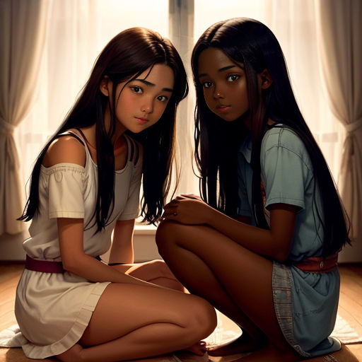 two girls sitting on the floor in front of a window with curtains on the windowsills and a window behind them