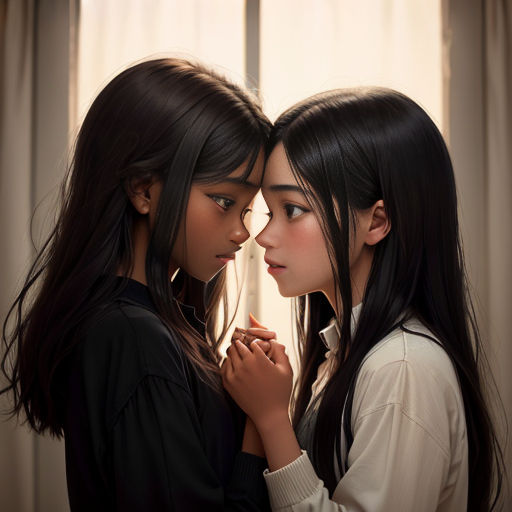 two young girls standing next to each other in front of a window with curtains on the side of the room