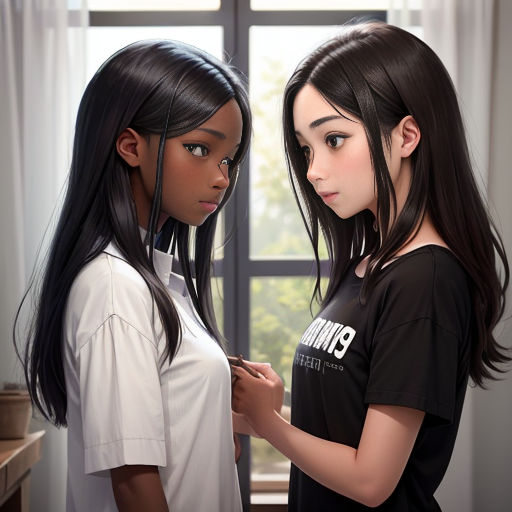 two young girls standing next to each other in front of a window looking at something on the screen of a laptop