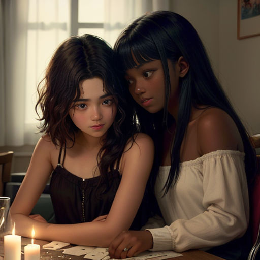 two girls sitting at a table with a candle in front of them and a picture of a woman on the table