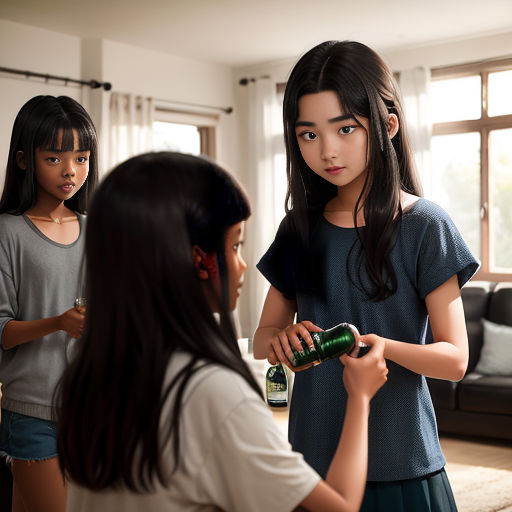 a girl is holding a bottle of wine and talking to another girl in a living room with a couch