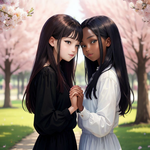 two girls standing next to each other in a park with cherry trees in the background and a path leading to them