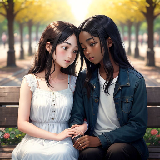 a couple of people sitting on a bench together in a park with trees and flowers in the background and a sun shining through the trees