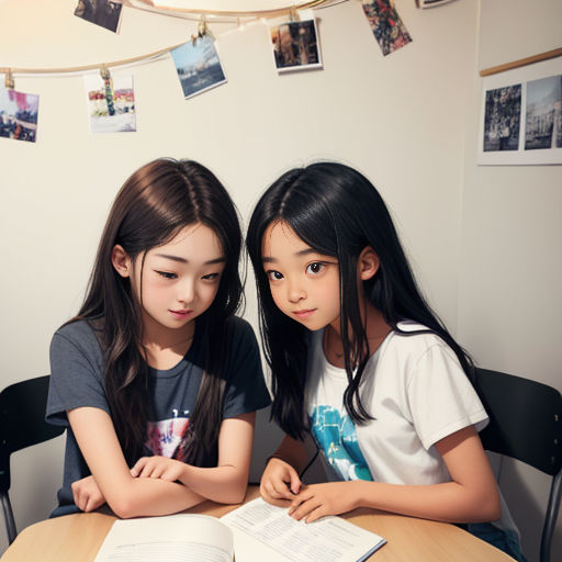 two girls sitting at a table with an open book in front of them, both looking at the camera