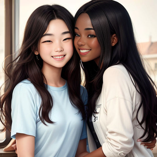 two young women standing next to each other near a window with a city view behind them and smiling at the camera
