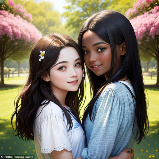 two young girls are posing for a picture together in a park with pink flowers on the trees and grass