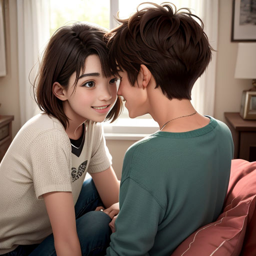 a boy and a girl sitting on a bed next to each other and touching noses together, with a window in the background