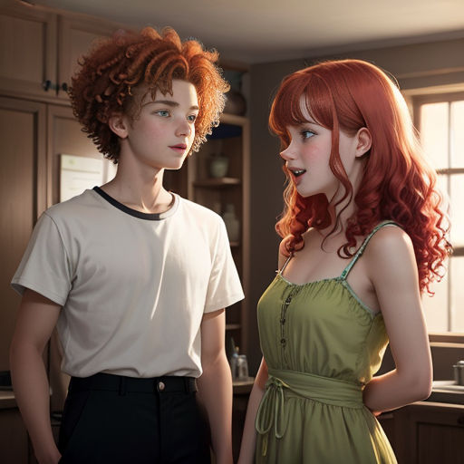 a boy and a girl standing in a kitchen together, one of them is red hair and the other is white