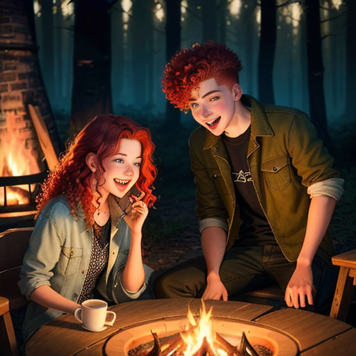 a couple of people sitting around a fire pit in the woods at night with a lit candle in front of them