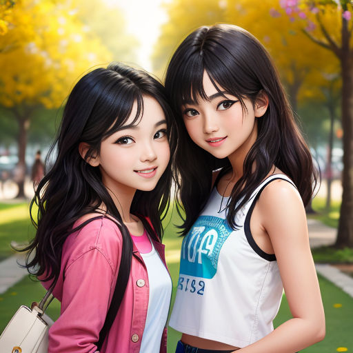 two young women standing next to each other in a park with trees in the background and a woman holding a purse