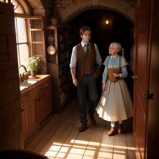 a man and a woman are walking into a kitchen together in a house with a stone archway and wooden floors