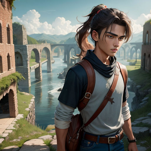 a man with a backpack looking at the camera in a video game, with a bridge in the background