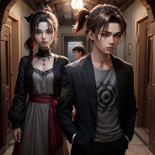 a couple of people standing in a hallway together in a hallway with a light on above them and a door way leading to another room