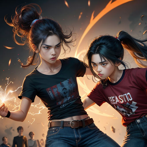 two girls are dancing with fireworks in the background of a picture of a group of people in the background
