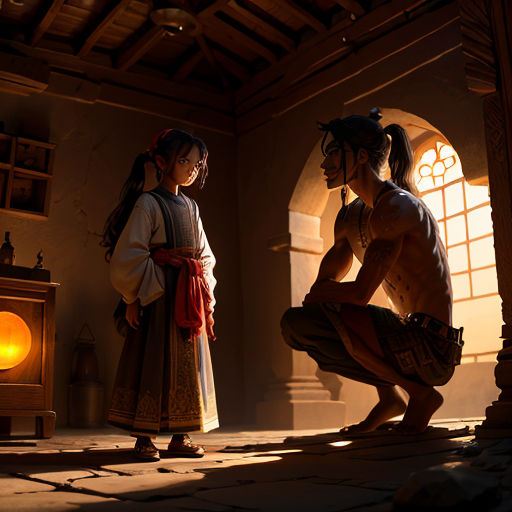 a man and a woman in a room with a lantern in the corner and a window in the background