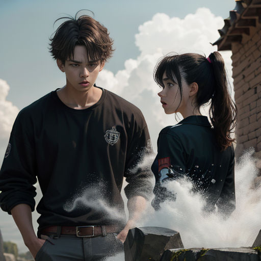 a man and a woman standing next to each other near a brick building with smoke coming out of it