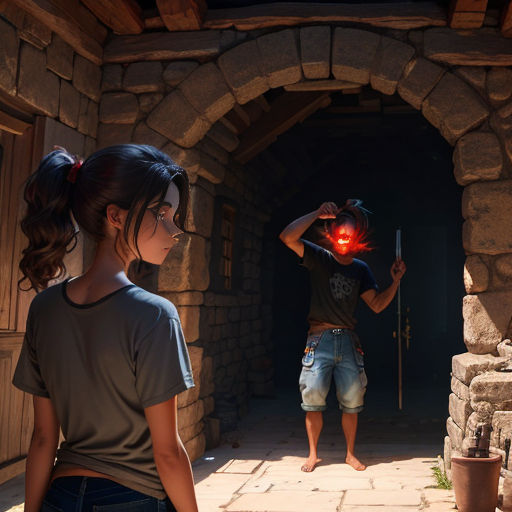 a girl and a boy are standing in a tunnel with a red light in their eyes and a man is holding a stick