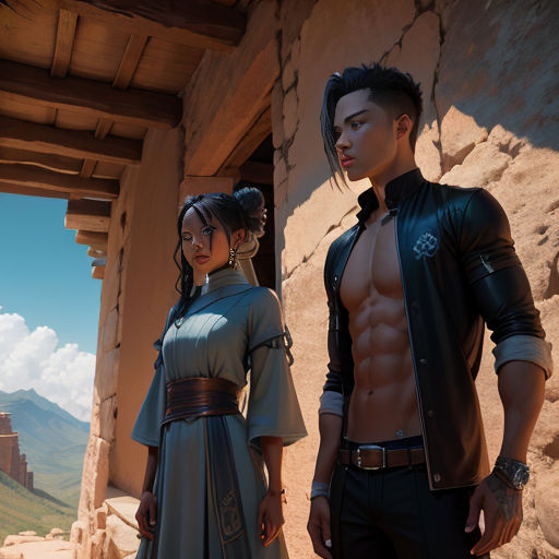 a man and a woman standing in front of a building with a mountain in the background and a sky in the background