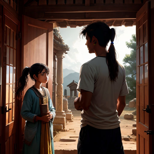 a man and a little girl standing in a doorway looking at each other and looking at each other with a mountain in the background