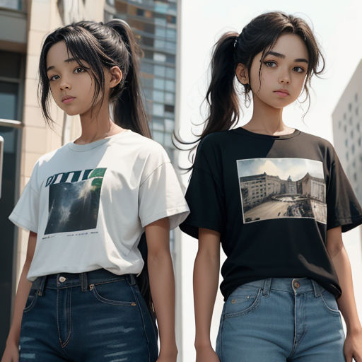 two young girls standing next to each other in front of a building with a traffic light in the background