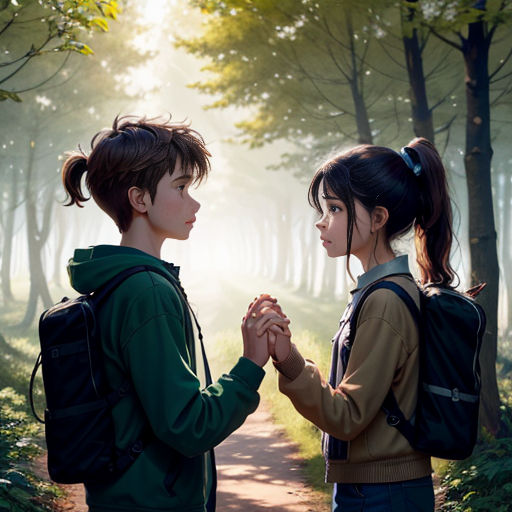 two people standing in the woods holding hands and praying together with the sun shining through the trees behind them