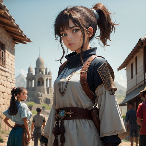 a woman in a dress standing in front of a group of people in a village with a castle in the background