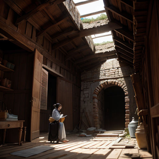 a woman in a long dress standing in a room with a skylight above her head and a book in her hand