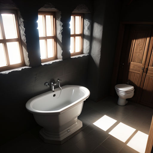 a bathroom with a toilet and a bathtub in it with three windows above it and a toilet in the corner