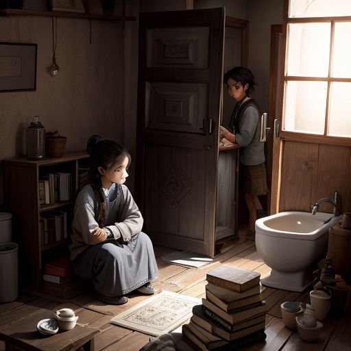 a young girl sitting on the floor in front of a stack of books next to a toilet and a sink