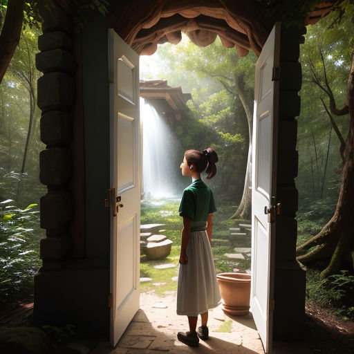 a girl standing in an open doorway looking at a waterfall in the woods with a potted plant in the foreground