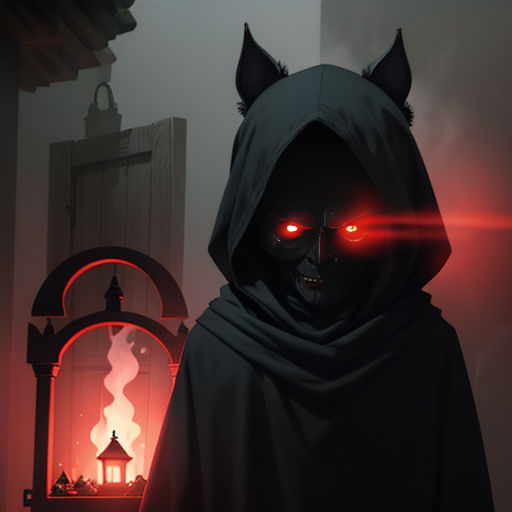 a person in a hooded costume with red eyes and a cat mask on, standing in front of a fireplace