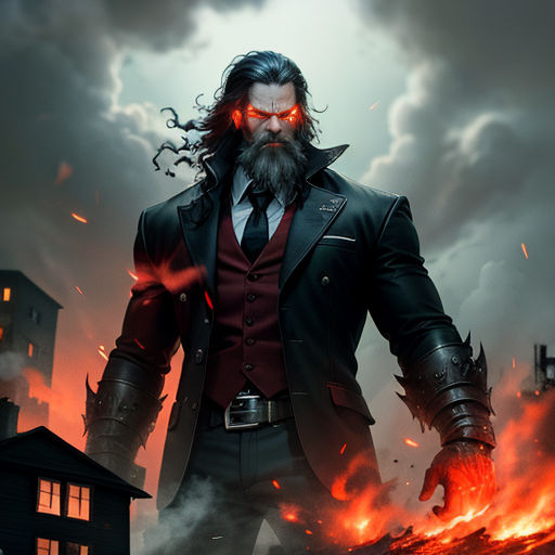 a man with a beard and a beard wearing a suit and tie standing in front of a fire and smoke background