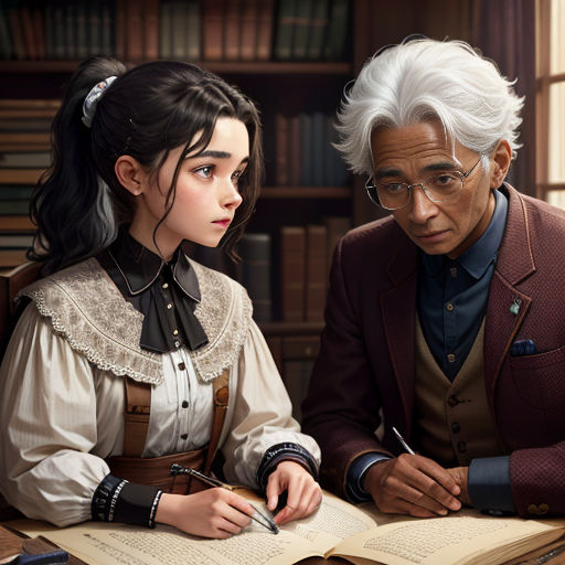 a man and a woman sitting at a table with a book and pen in front of them, looking at a book