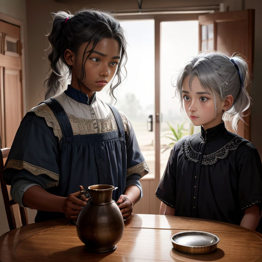 two young girls sitting at a table with a vase and a plate on it, looking at each other