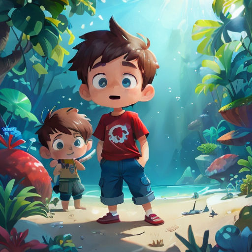 a boy and a boy standing in front of a forest with plants and rocks on the ground, with a boy looking at the ground