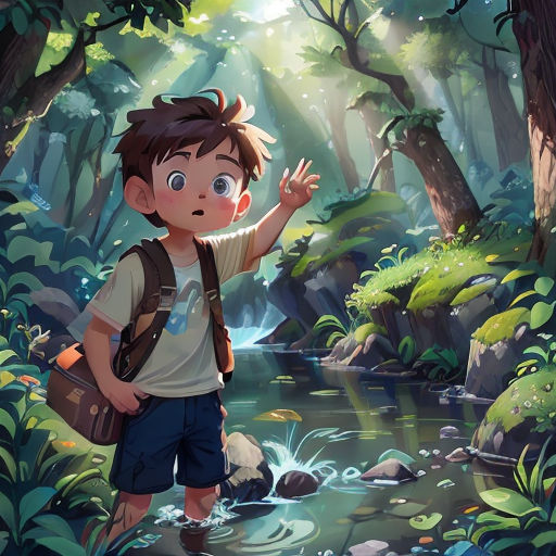 a boy standing in a forest with a backpack and a book bag on his shoulder and a stream running through it