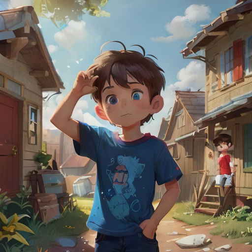 a boy standing in front of a house with a girl standing behind him and a boy standing behind him