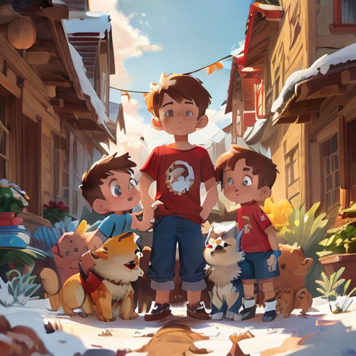 a group of children standing in the snow in front of a building with a dog and a cat on it