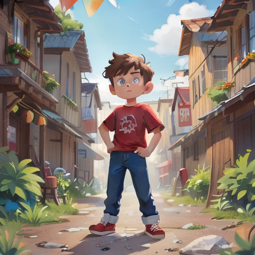a boy standing in the middle of a street with a kite flying overhead in the sky above him and a building with a flag